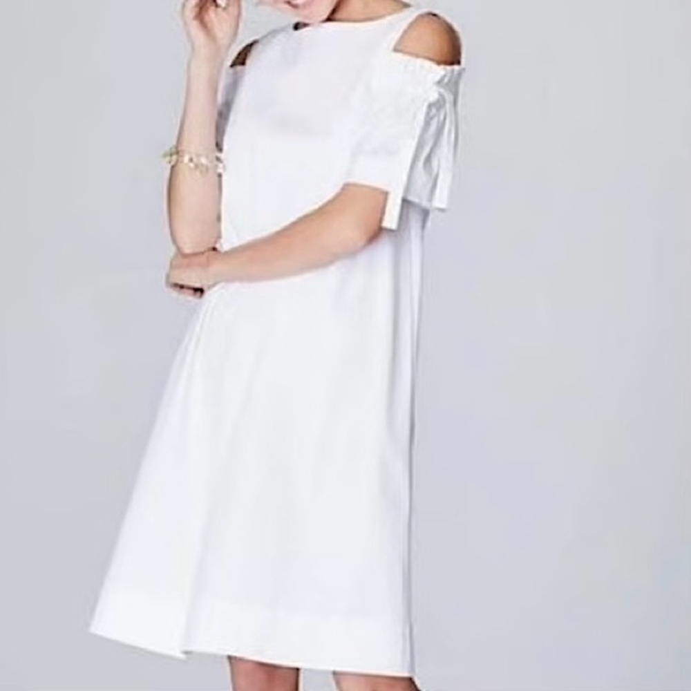 NWT J. Jill Women’s Cold Shoulder Ruffle Knee Length Dress White Small Petite
